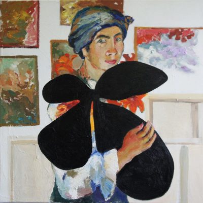 Natalja Gontcharova carrying a Motherwell, after painting to many flowers and birds, while her position refers to the image of Maplethorpes’ photo of Louise Bourgeois, 2016,100 x 100 cm