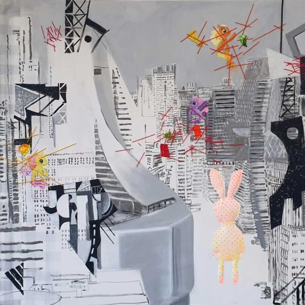 Skyscraper, 150 x 150 cm acrylic paint, glitters & wool