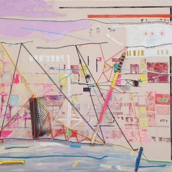 Harbour Construction, 125 x 195 cm, threads oil-, acrylic paint, wood on canvas